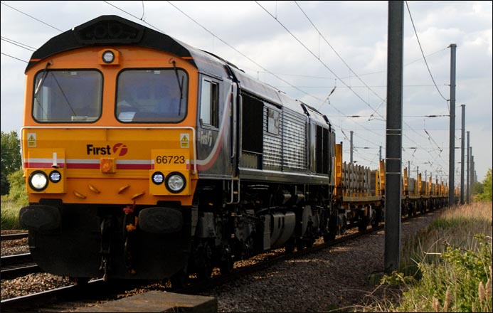 First GBRf class 66723 at Conington on the up fast in May 2009   