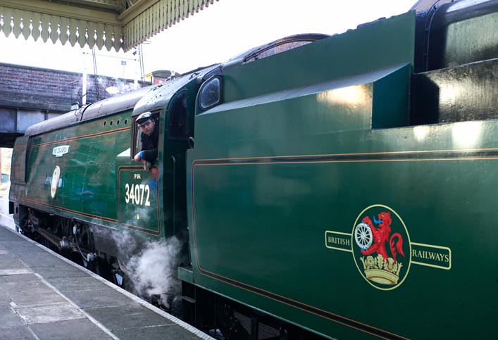 Battle of Britain Class 34072 257 Squadron waits at Loughborough 