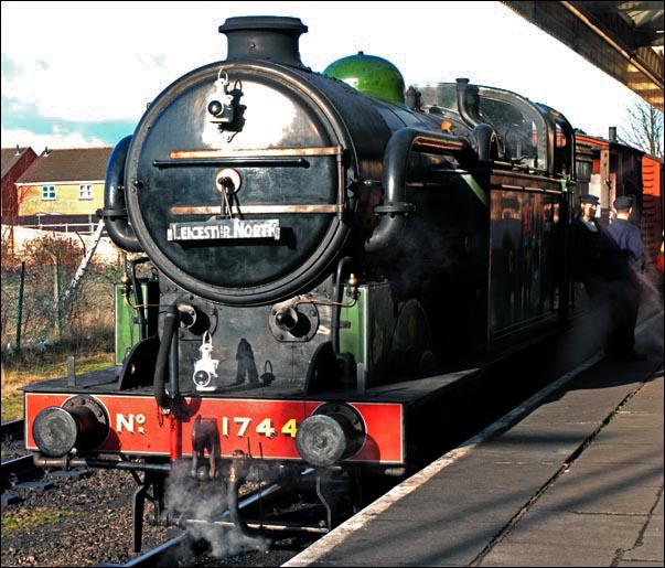 N2 1744 in the station at Loughborough on the Great Central Railway with a freight.
