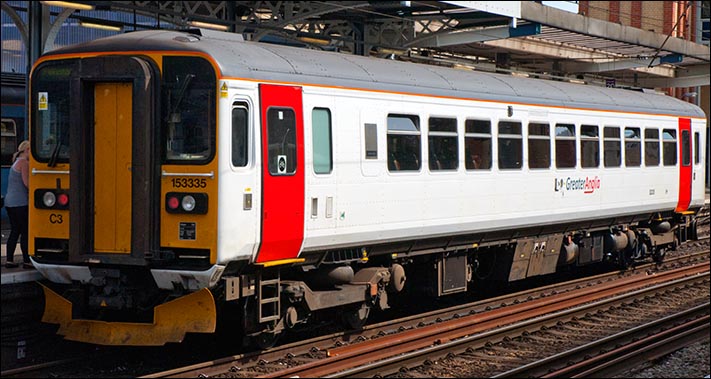 Greater Anglia class 153335 at Ipswich station on the 6th of September 2012