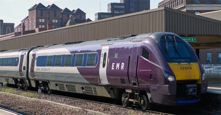 EMR Intercity class 222014 into at Leicester station on the 22nd September 2021