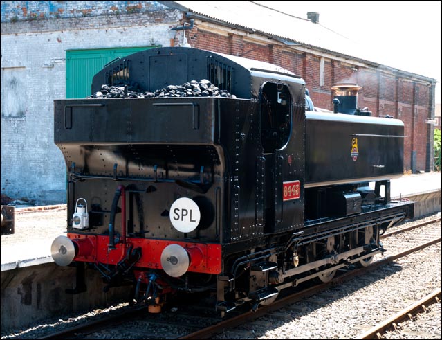 GWR 0-6-0ST no.8443 at Dereham on the 19th of July 2013 in British Railways unlined black GWR 0-6-0ST no.8443 at Dereham on the 19th of July 2013 in British Railways unlined black