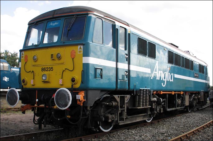Anglia class 86235 at The National Community Rail Festival at Norwich station in 2005 Anglia class 86235 at Norwich Station in 2005.