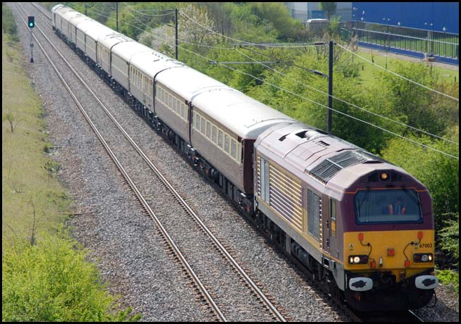 EWS class 67003 at Werrington on the Stamford line on 26th April 2008