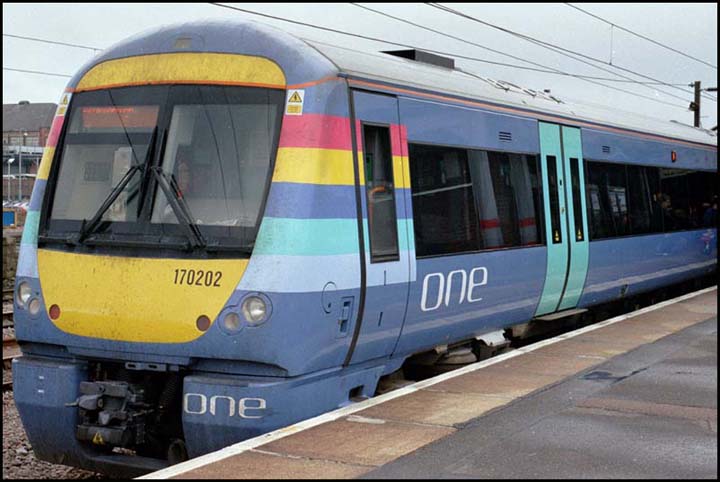 One class 170202 in platform 5 at Peterborough 