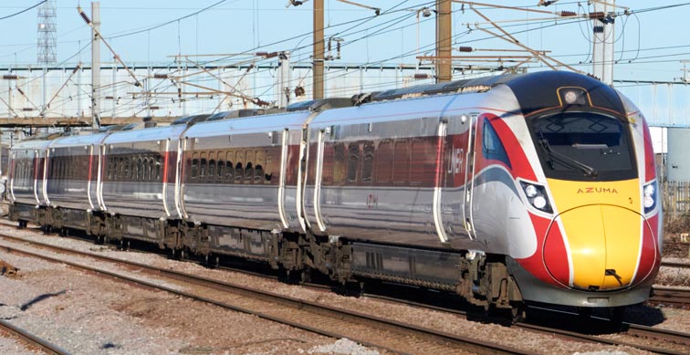 LNER Azuma on up fast coming into platform 3 at Peterborough station 