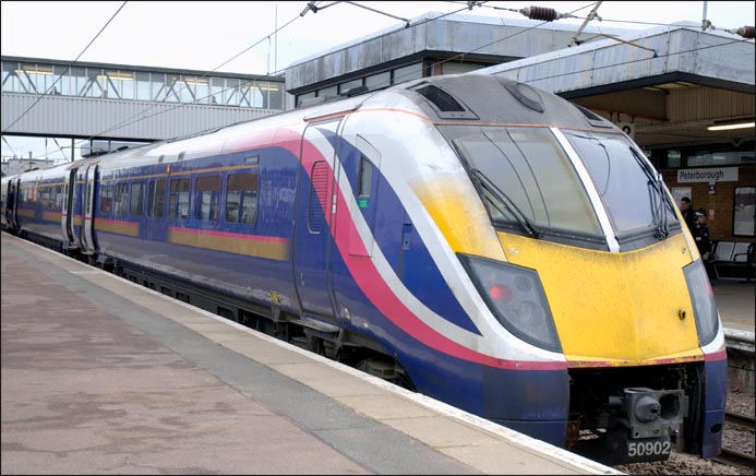 Class 180 50902 in platform 3 at Peterborough station on 25th November 2010
