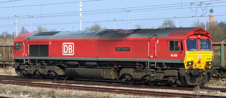 DB class 66066 in the depot sidings running round its train  