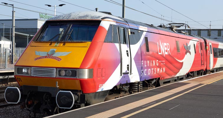 LNER class 91101 in platform 4 at Peterborough station 22nd of March in 2022