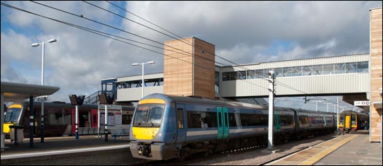 Cross Country class 170 in platform 7 Greater Anglia 170 in platform 6 and a East Midlands class 158 in platform 5.
