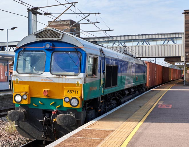 GBRF class 66711 in platform 5 at Peterborough station on the 6th September in 2021