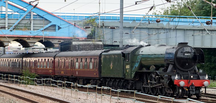 A3 60163 Flying Scotsman coming into Peterborough station on the 25th September in 2021