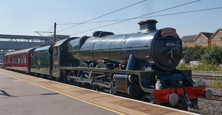 Bahamas 45596 in platform 5 with a steam movement at Peterborough station on the 7th September in 2021