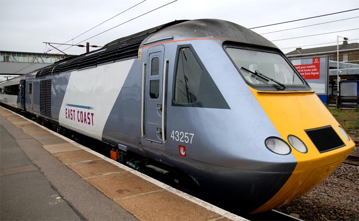 East Coast HST with 43257 at the rear of a down train in platform 4 at Peterborough station on 16th August 2010 
