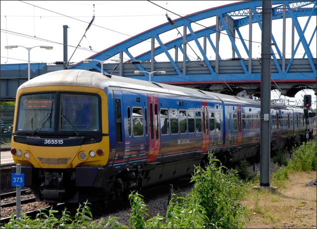 First Capital Connect Class 365515 into platform 3 at Peterborough station on the 4th June 2011