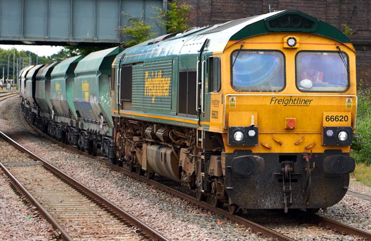 Freightliner class 66620 into Peterborough station on 12th August  in 2021 