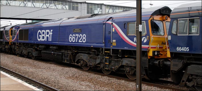 First GBRf class 66728 named "Institution of Railway Operators2 was in the middle of these three class 66s on the down fast at Peterborough station on 16th August 2010 GBRf class 66728 named Institution of Railway Operators