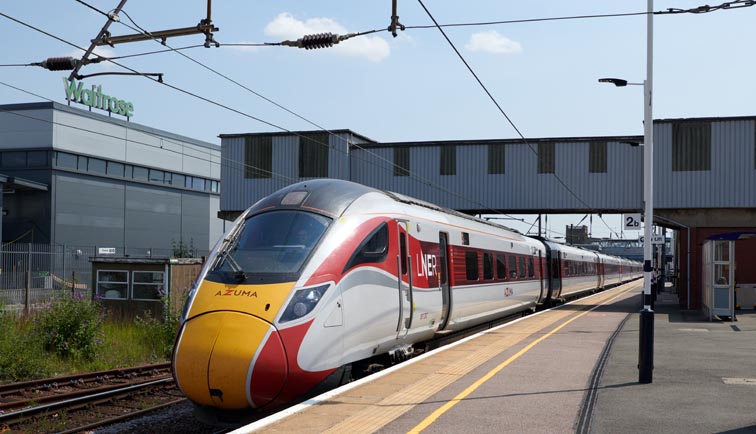 Down LNER Azuma 801202 in platform 2a at Peterborough station