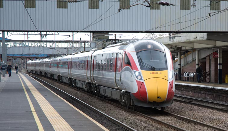 LNER Azuma on the down fast in Peterborough station 