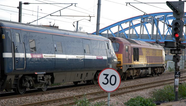 failed East Coast Train with class 67021 at the signal on up fast waiting to take it south failed East Coast Train with 67021 at the signal on up fast waiting to take it south.