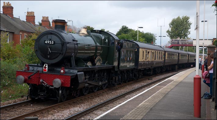 GWR Hall Class 4-6-0 4953 Pitchford Hall at the rear of the train at Oakham in 2009
