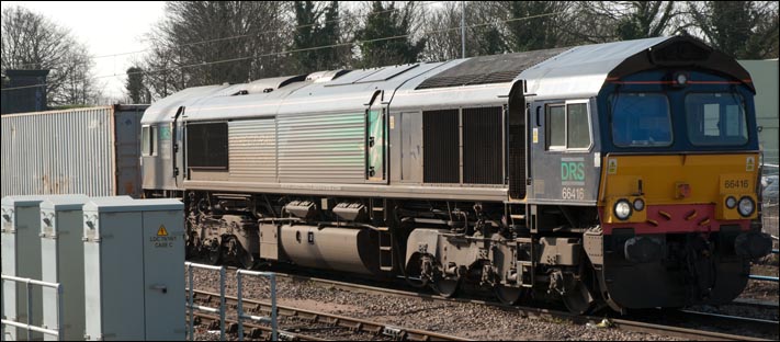 DRS class 66416 into the goods loops on the 29th March 2012