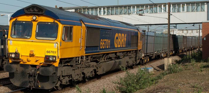 GBRf class 66701 on the up fast at Peterborough on the 29th of March 2012. GBRf class 66701 on the up fast at Peterborough on the 29th of March 2012.