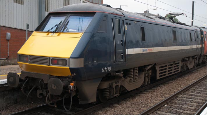 National Express East Coast (NXEC) class 91110 in platform 2 on the 4th of June 2009