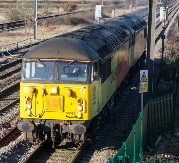 Two class 56s on ECML up slow at the Hurn road Footbridge 