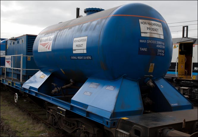 one of the Network Rail blue tanks on this train in the depot at Peterborough