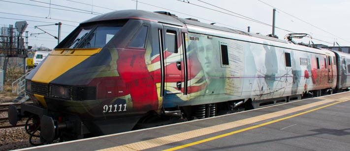 Class 91111 For the Fallen in platform 4 at Peterborough 